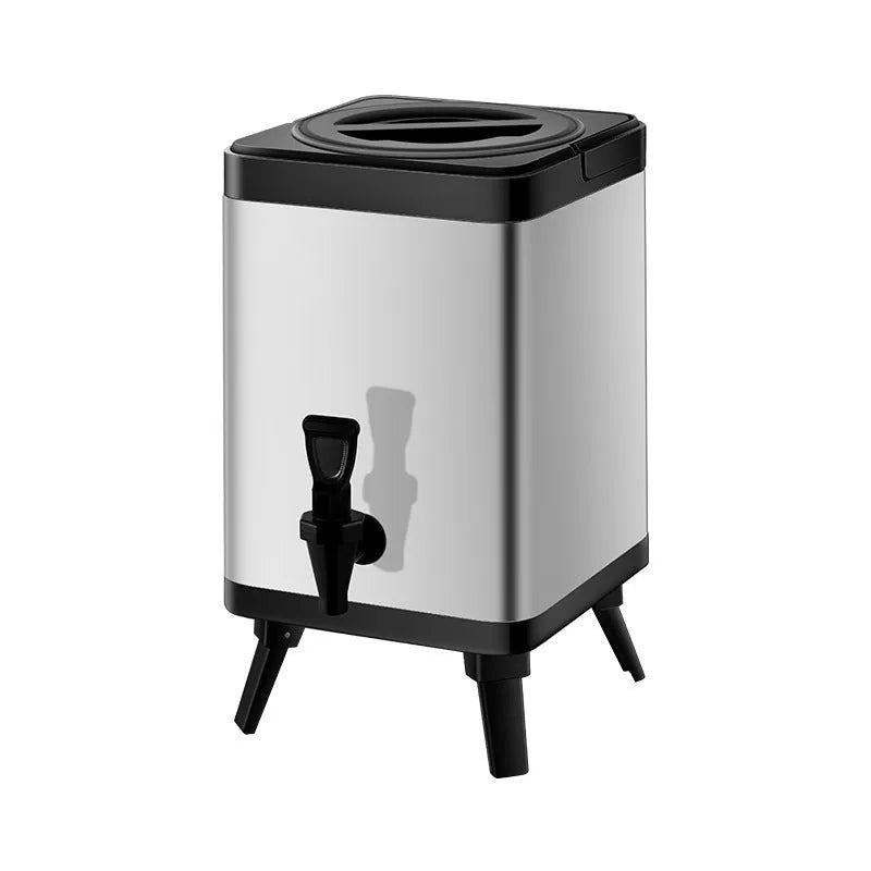 Silver stainless steel milk tea bucket with square lock closure and 8-litre capacity for commercial use