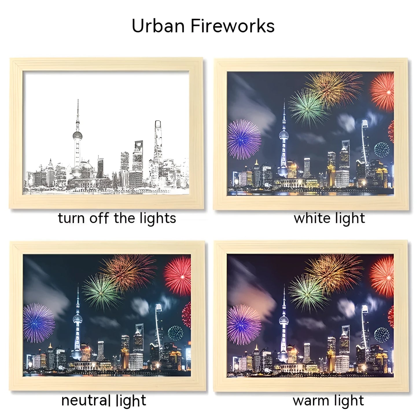 USB-powered LED picture frame night light displaying landscape artwork in modern plastic frame