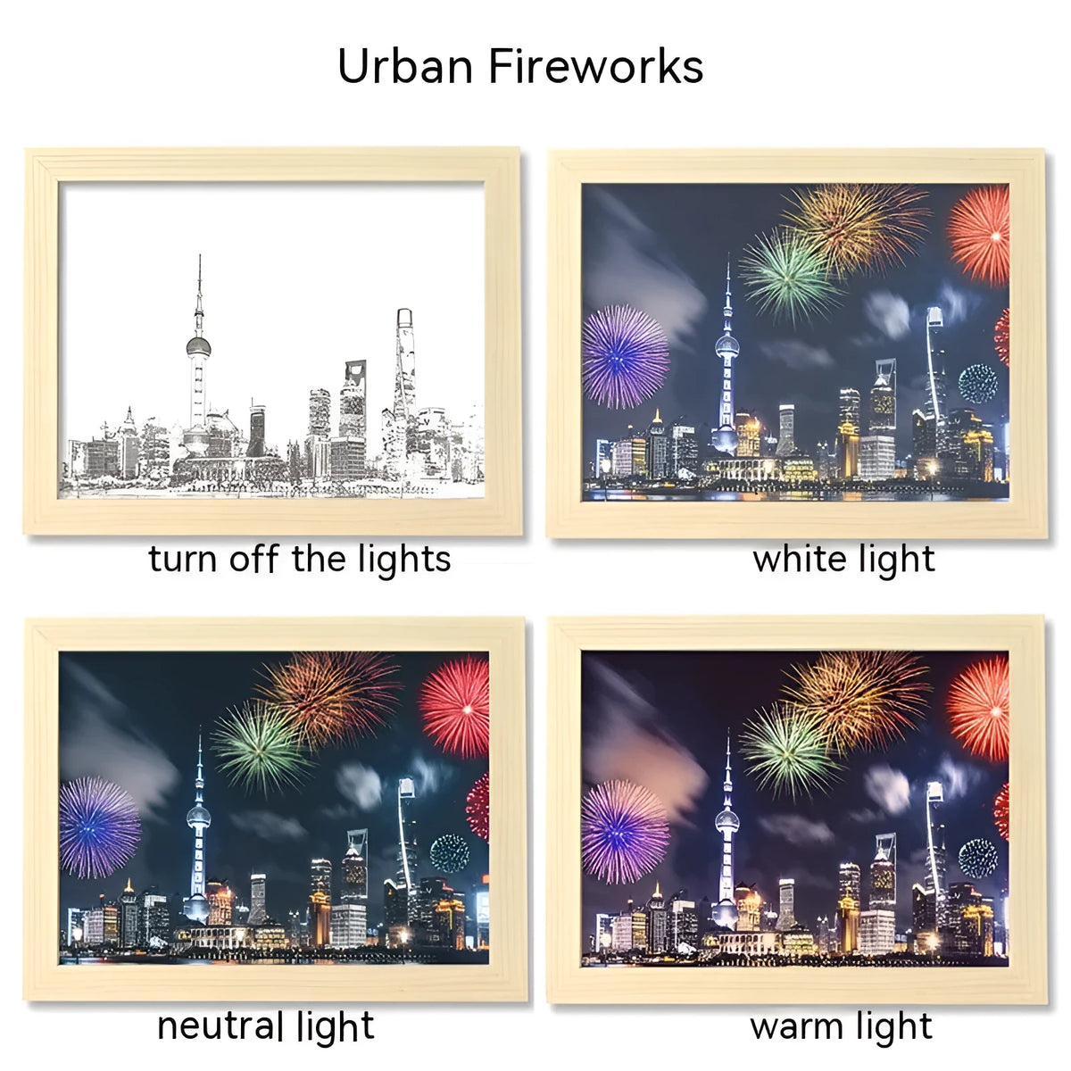 USB-powered LED picture frame night light displaying landscape artwork in modern plastic frame