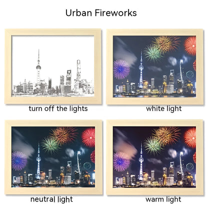 USB-powered LED picture frame night light displaying landscape artwork in modern plastic frame