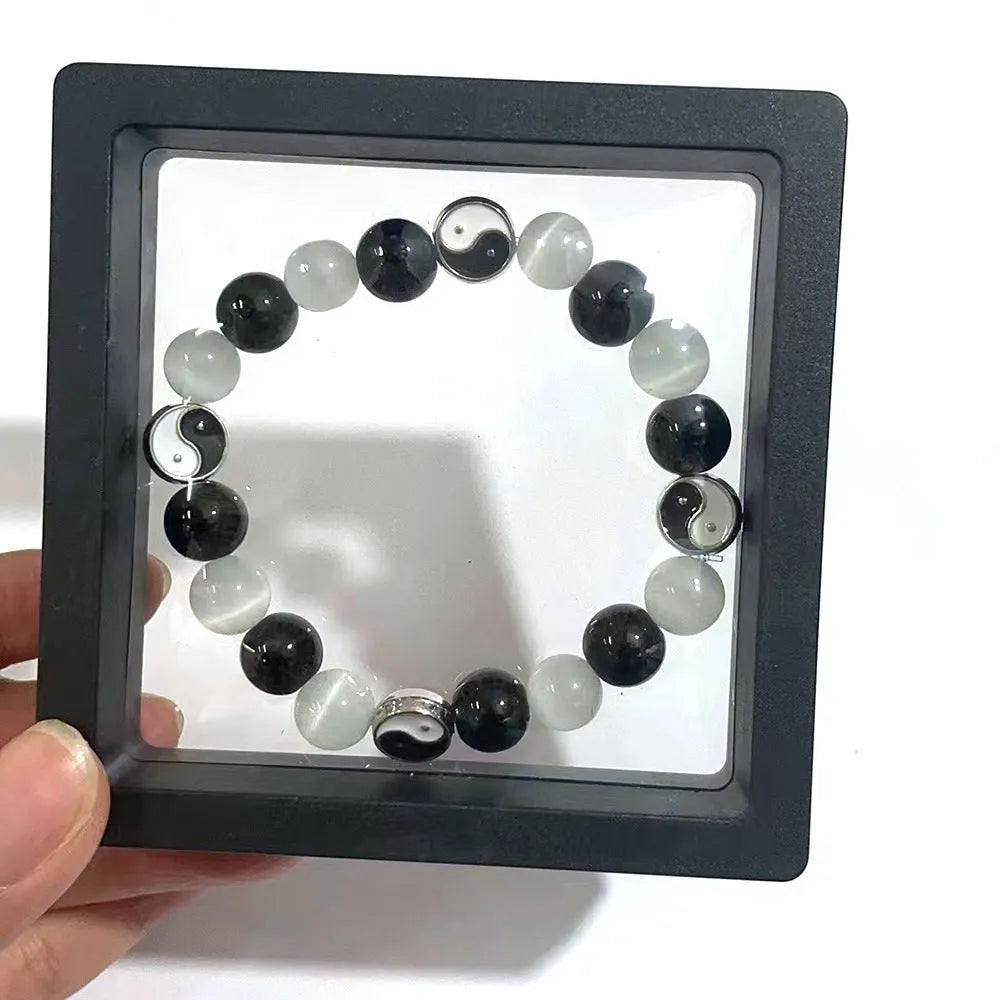 Natural opal and black agate Tai Chi bracelet with 10mm beads in Chinese unisex design
