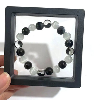 Natural opal and black agate Tai Chi bracelet with 10mm beads in Chinese unisex design