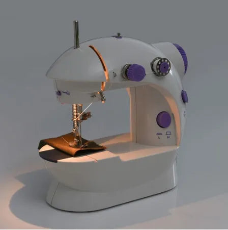 Mini household electric sewing machine with 6W rated power, 20cm x 15cm x 10cm compact dimensions, classic straight stitch function, suitable for household mending tasks, includes thread cutter, light and power supply