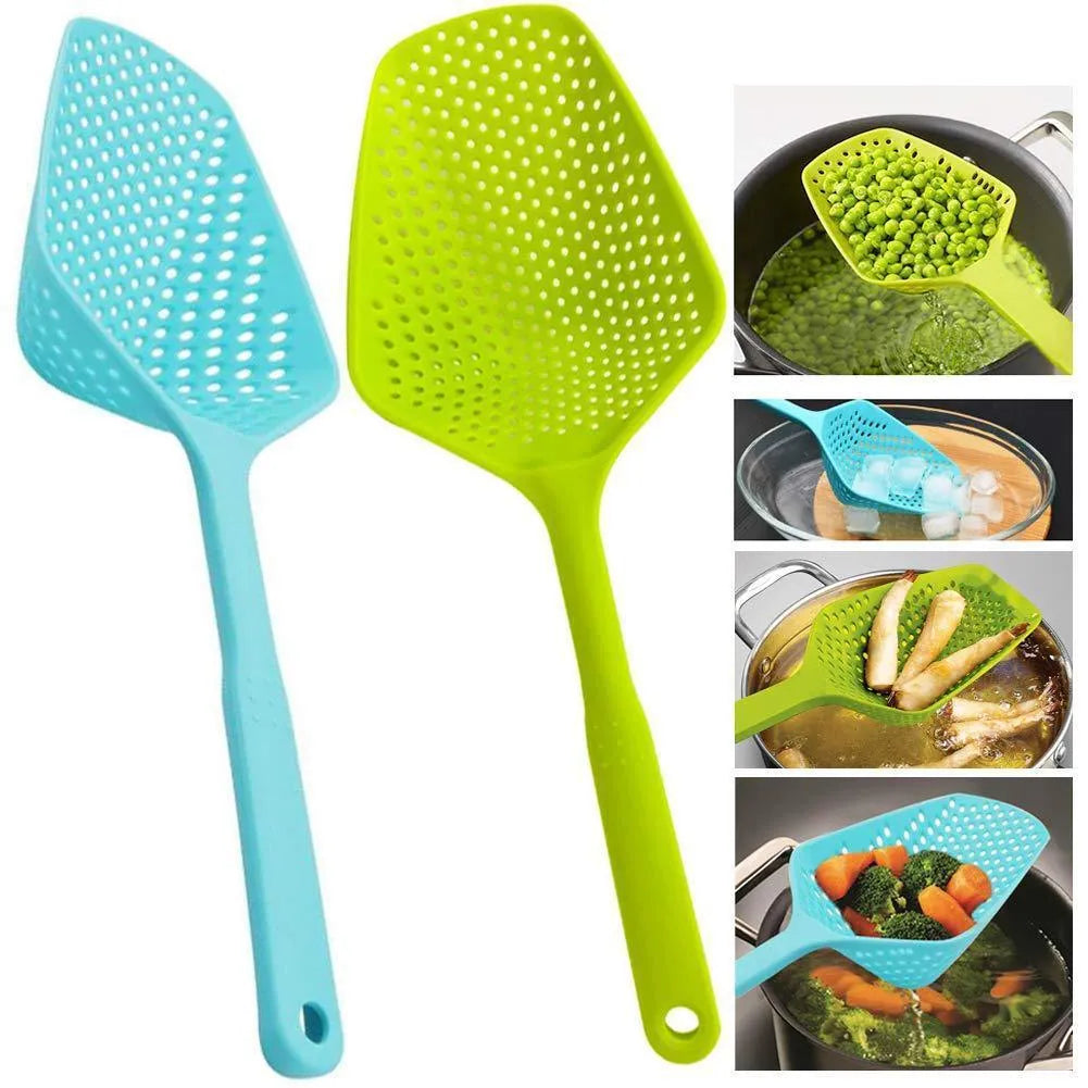 Large black nylon strainer scoop colander for kitchen use draining food.