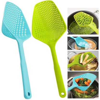 Large black nylon strainer scoop colander for kitchen use draining food.