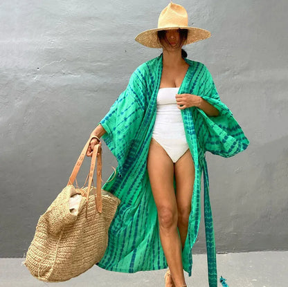 Printed cotton beach cover-up shirt in DN0712 series colours showing loose fit and 135cm length for sun protection