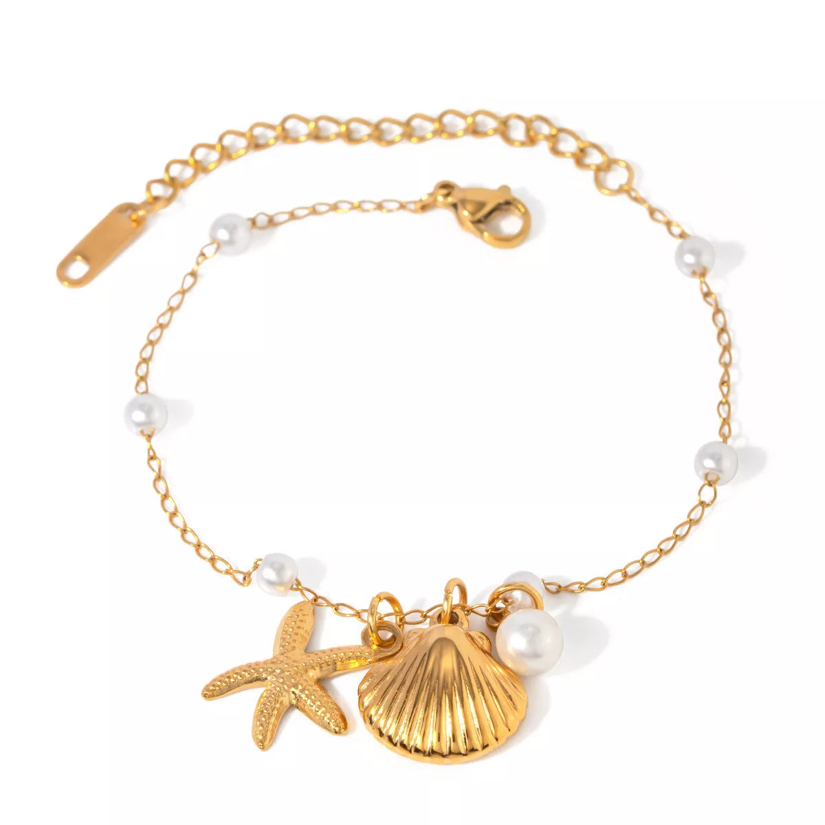 18K gold plated stainless steel bracelet with shell starfish pendant and pearl chain