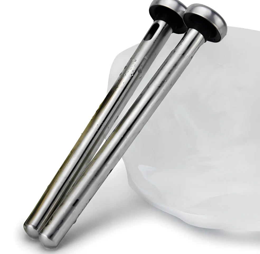 Silver stainless steel wine cooling rod with integrated pourer, 12.5 inches long