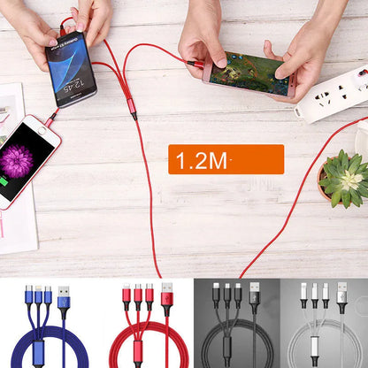 Red 3-in-1 braided charging cable with iPhone, Android and Type-C connectors shown at 1.25 metre length