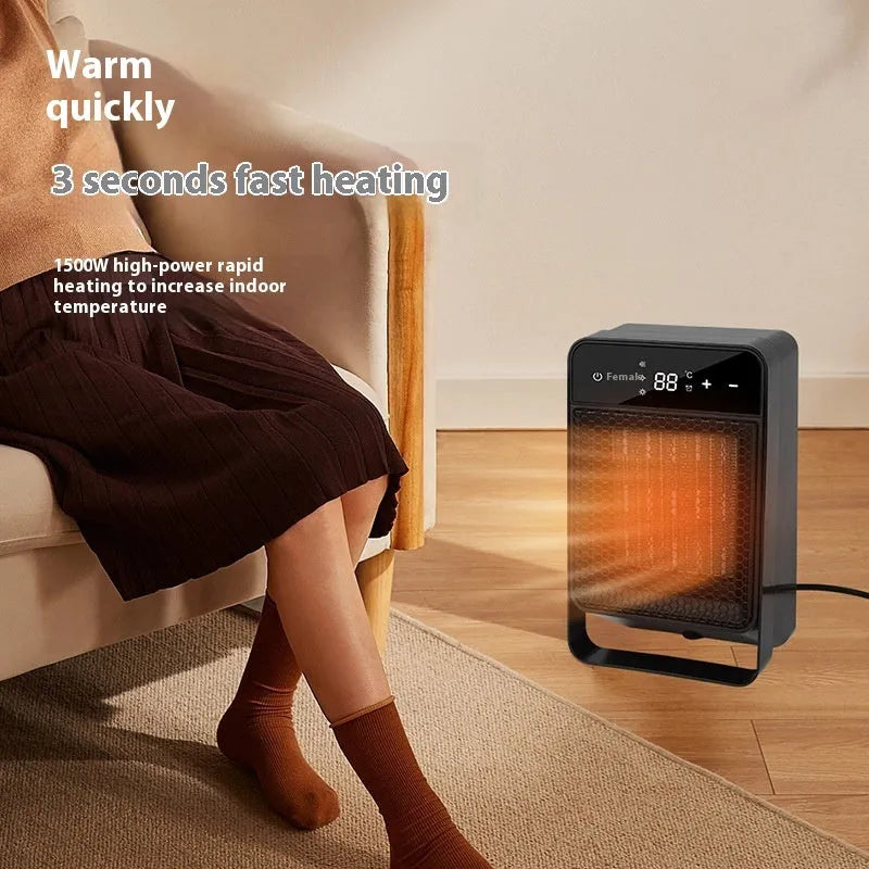 Desktop warm air blower heater with touch screen display measuring 19x10x28cm, includes remote control