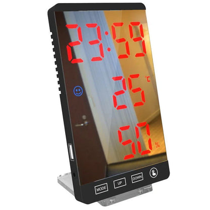 Multifunctional LED mirror alarm clock displaying time, temperature, and humidity