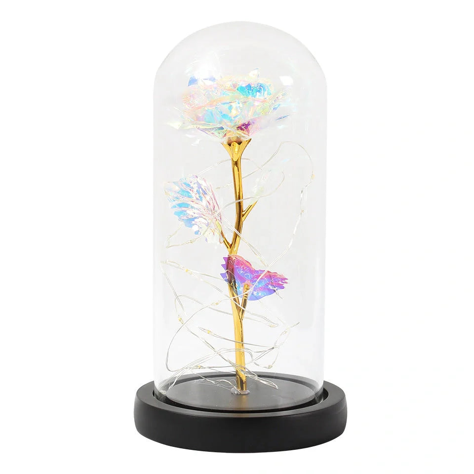 Enchanted Forever Rose in Glass LED Light Christmas Decoration with wooden base
