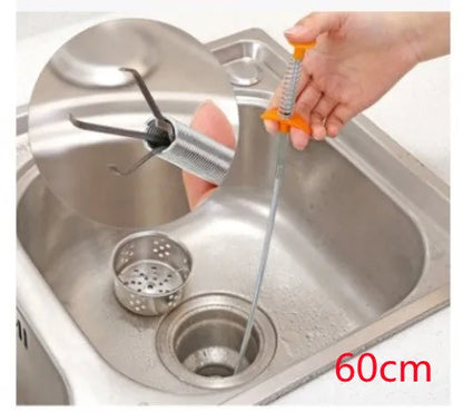 Stainless steel sewer dredge spring drain cleaning tool with a black PP handle.