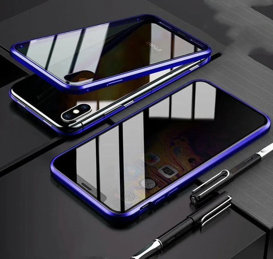 Clamshell anti-spy phone case in solid colours for iPhone models with machined glass geometry style