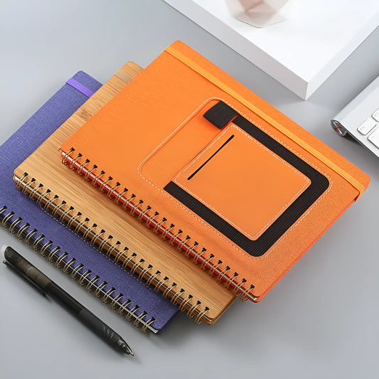 Coil-bound erasable notebook with stone paper pages and multiple cover colour options