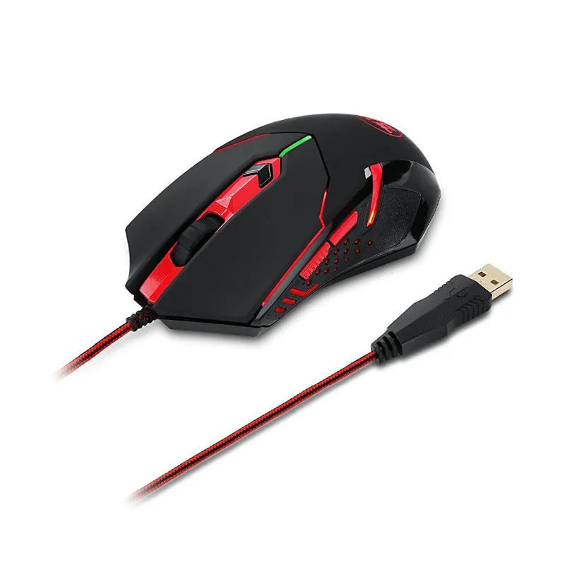 Black and red USB wired optical gaming mouse with six buttons on a desk.