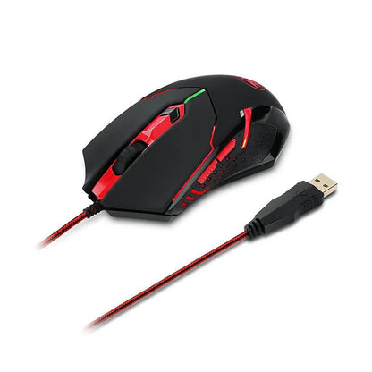 Black and red USB wired optical gaming mouse with six buttons on a desk.