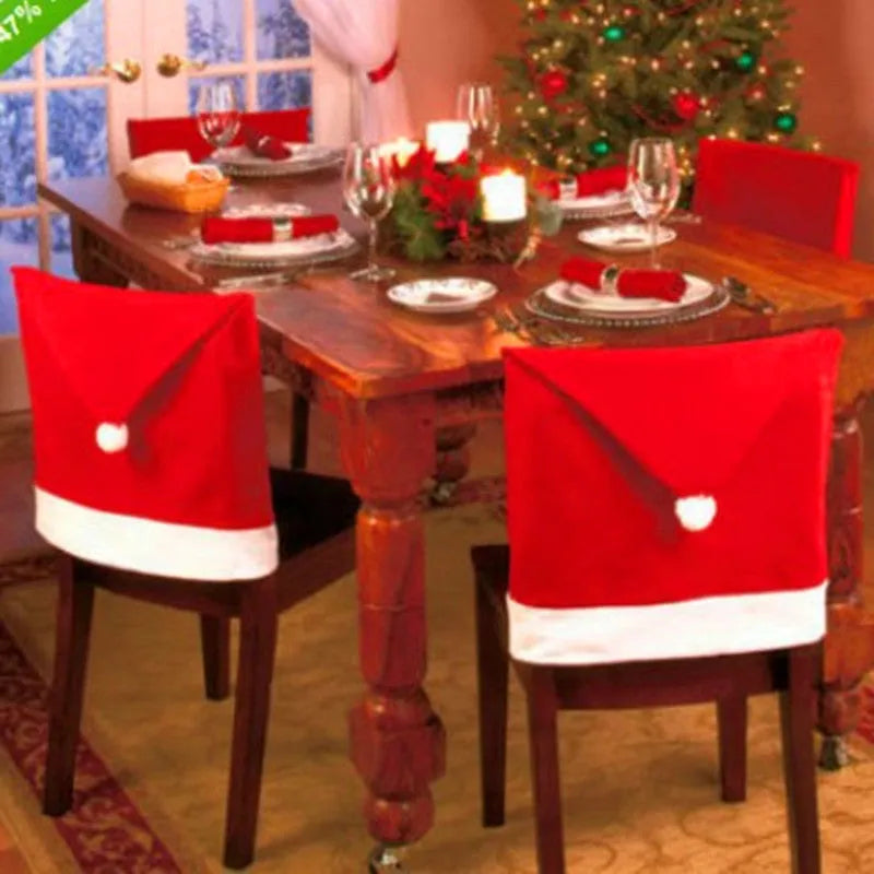 Christmas chair covers set with Santa Claus, Snowman and Santa Hat designs on dining chairs
