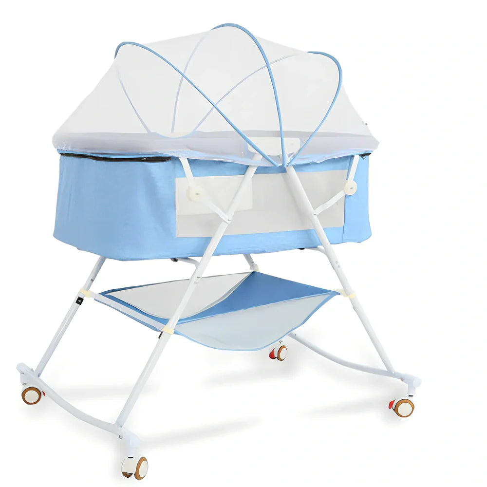 European foldable baby crib with mosquito net showing 54.5cm width and roller wheels