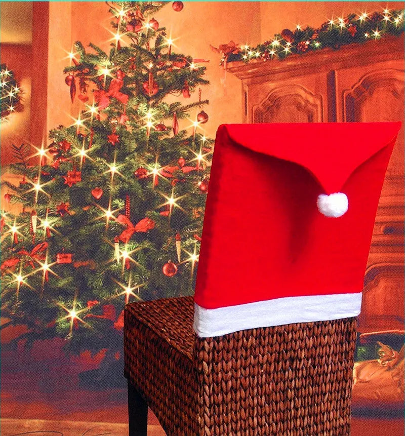 Christmas chair covers set with Santa Claus, Snowman and Santa Hat designs on dining chairs
