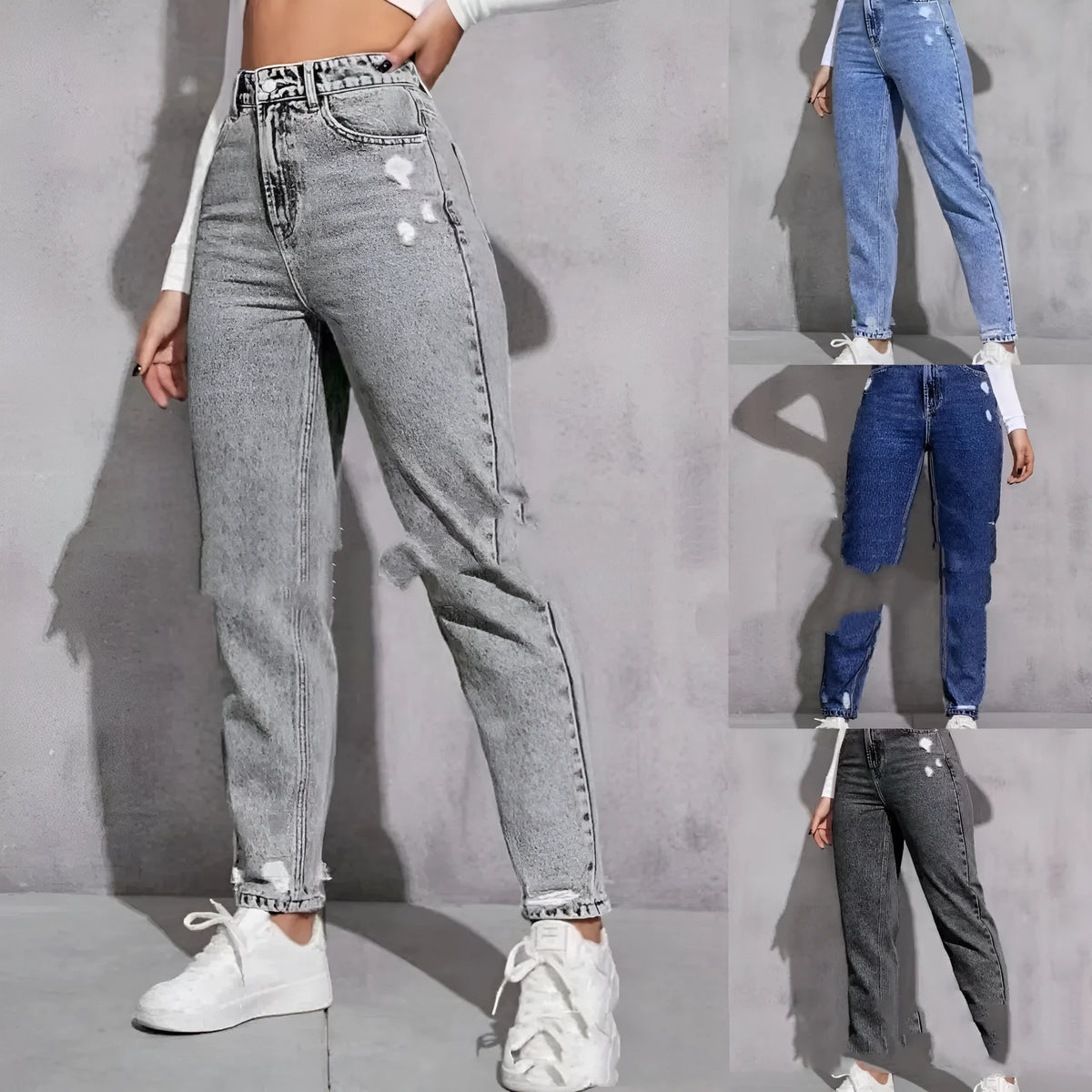 Women's ripped washed skinny jeans in cotton denim with medium stretch, high or mid waist, light blue to dark blue, S to 2XL.