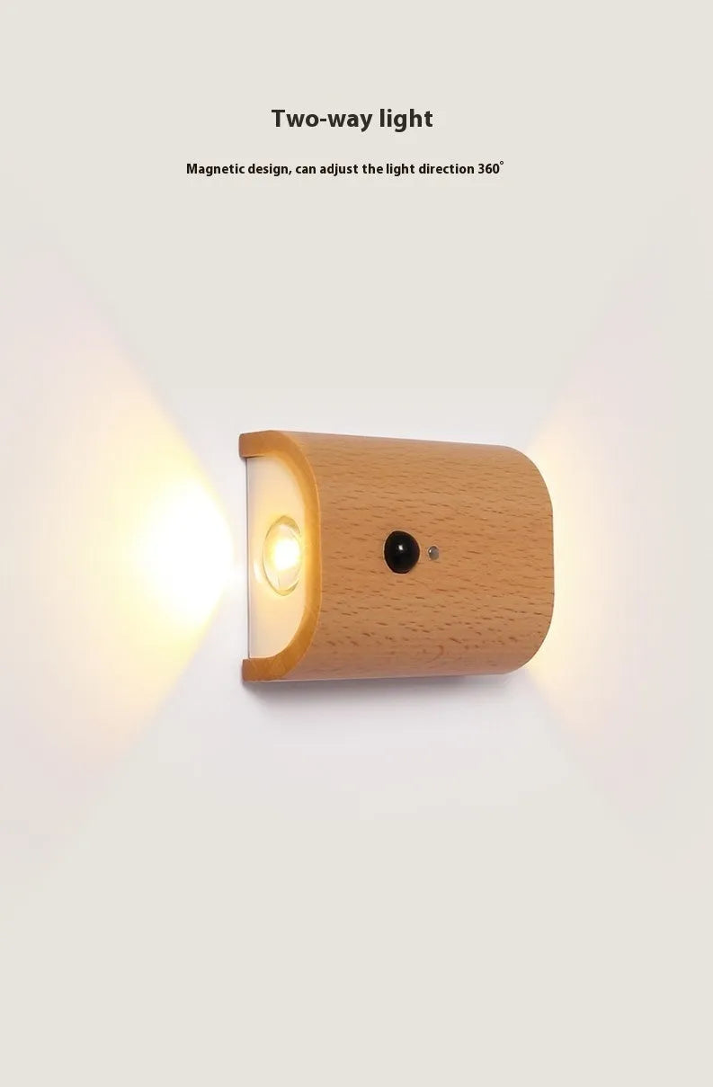 Solid wood pattern human body induction LED light, 73x56x28mm, in Sapele or Beech with warm white output