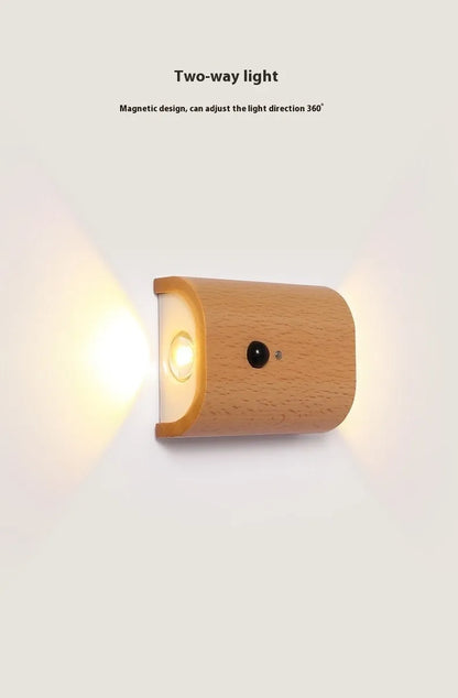 Solid wood pattern human body induction LED light, 73x56x28mm, in Sapele or Beech with warm white output