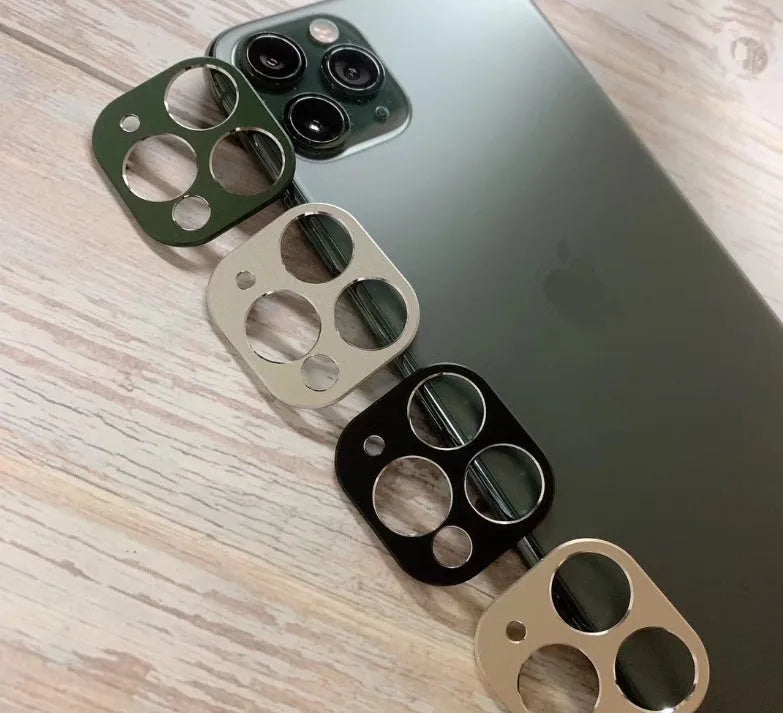 Metal lens protection ring for iPhone 11 and 11 Pro back cover, shown in multiple colour options.