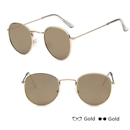 Stylish women's retro sunglasses with round frame and metal finish