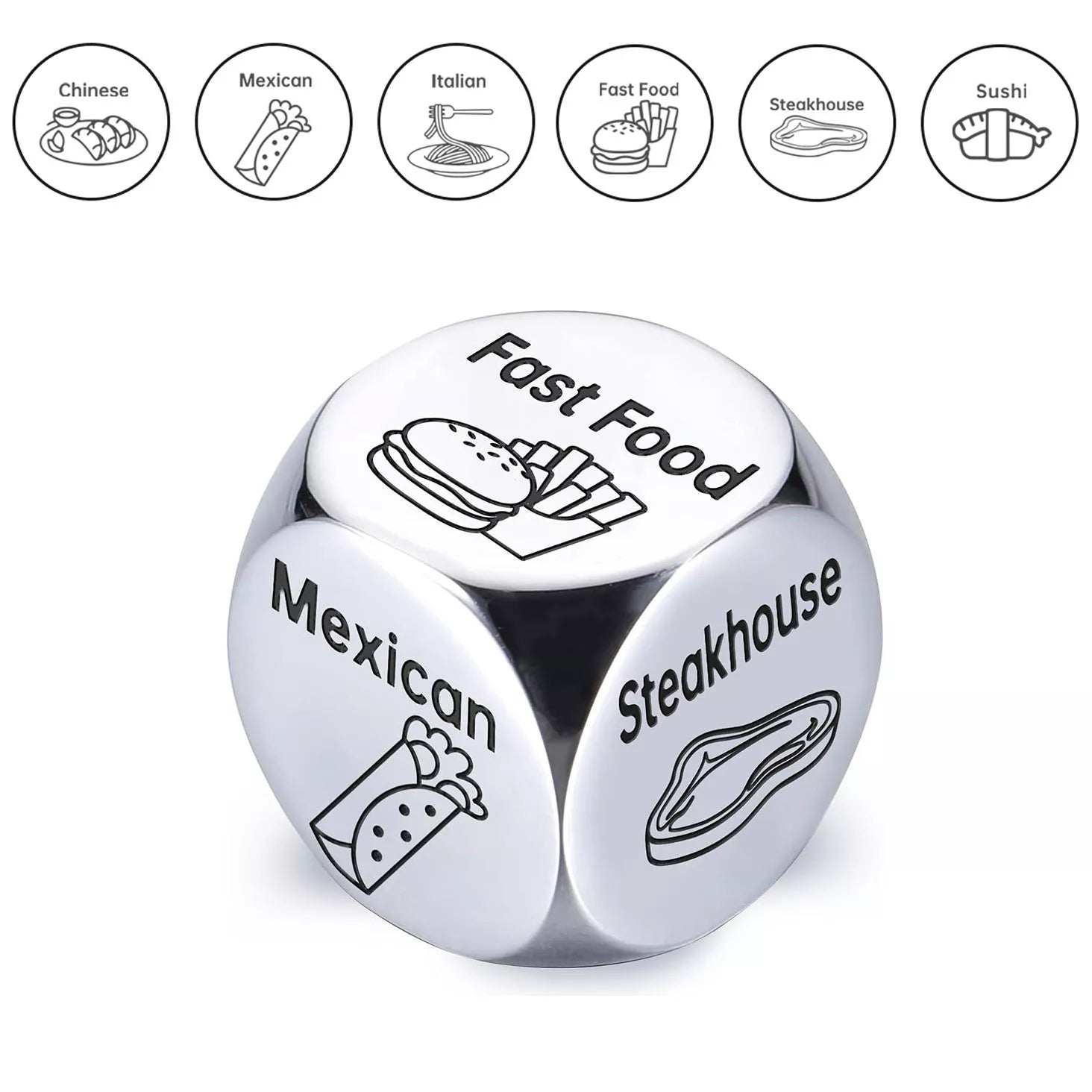 Stainless steel decision dice for couples date night games, silver color, 1.6cm
