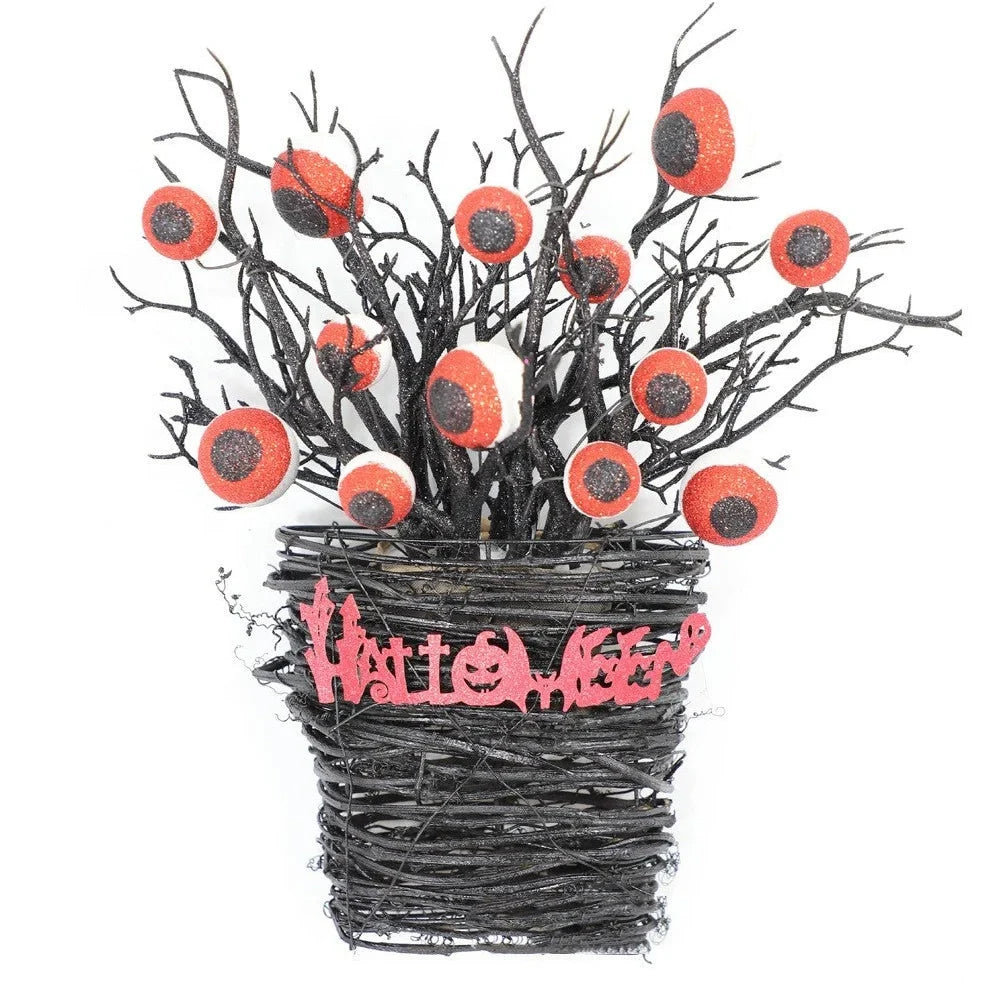 Halloween door hanging decoration with red eye bead flower basket design measuring 38x32x13cm
