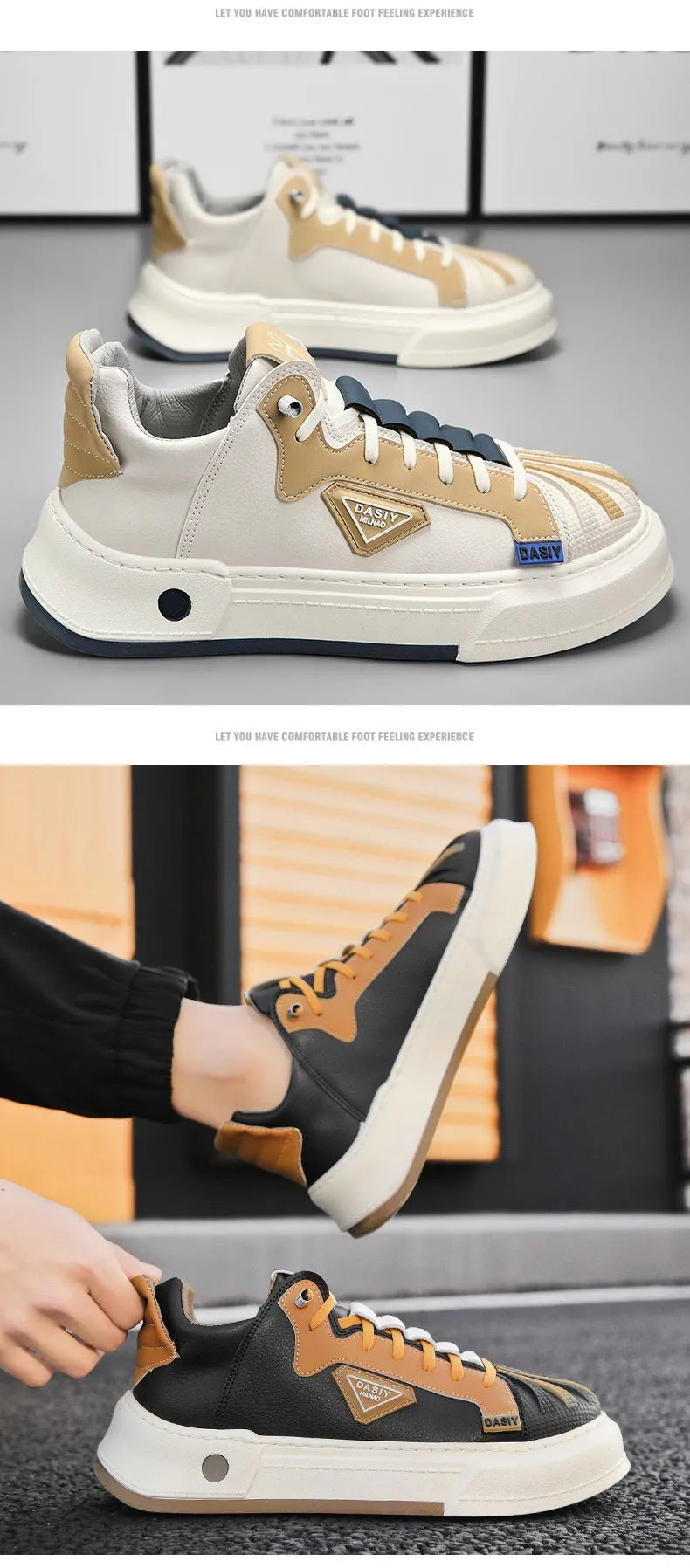 Men's beige low-top sneakers with elastic band closure and leather stitching on microfiber upper