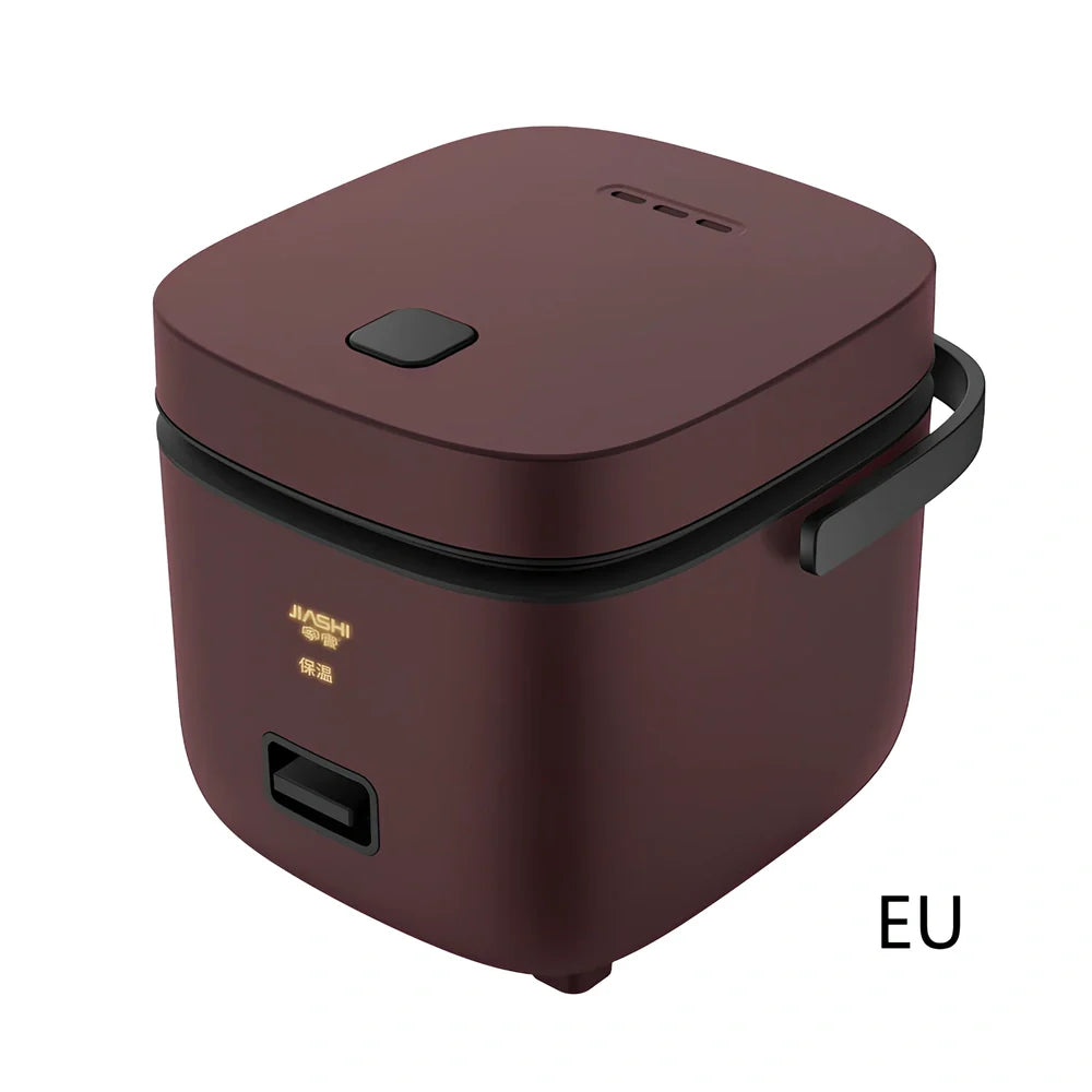 Compact brown 1-2 litre electric rice cooker, 180x200x180mm, with mechanical controls and aluminium pot for small UK kitchens