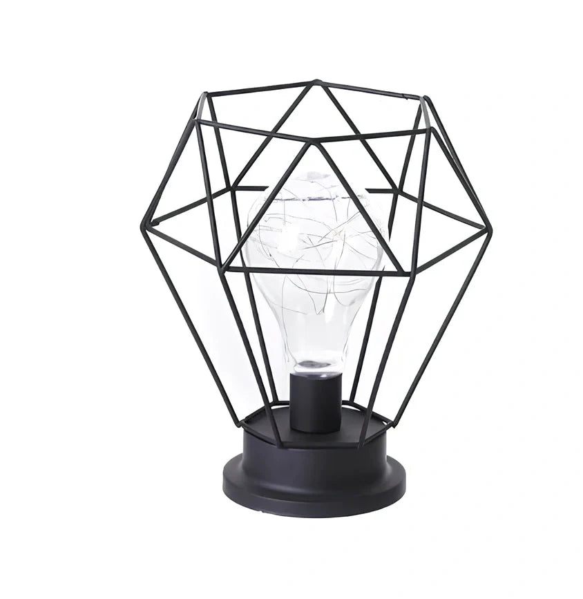 Minimalist hollow table lamp in red wine bottle design with wrought iron construction and warm white LED illumination