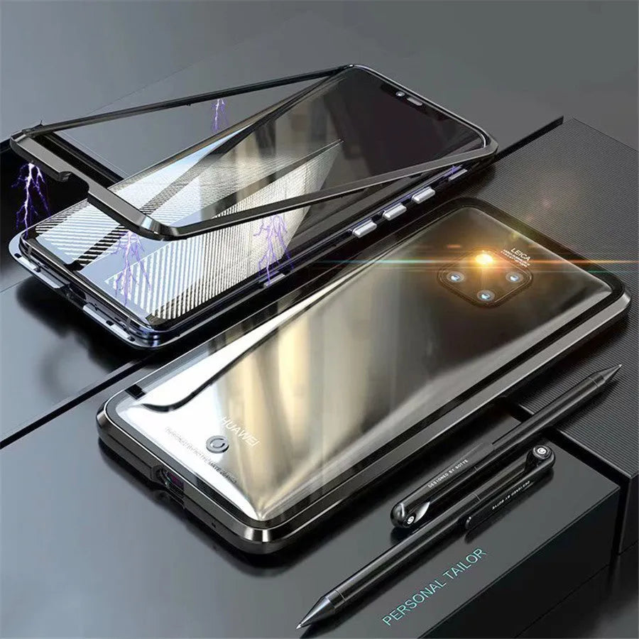 Magnetic phone case with 9H tempered glass back and metal frame for Huawei smartphones in black, blue, red, or white