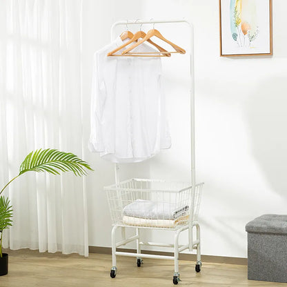 White mobile clothes storage rack with swivel casters and a single long hanging rod for shirts and trousers.