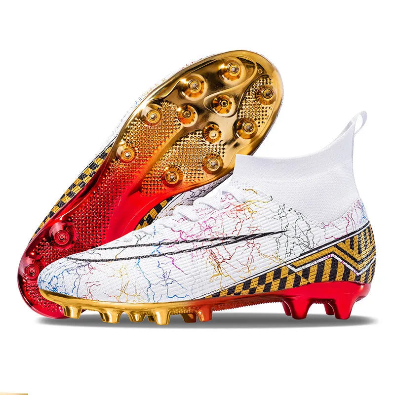 High-top soccer training shoes with gold-plated PVC soles in white, black, and mandarin duck colour options