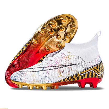 High-top soccer training shoes with gold-plated PVC soles in white, black, and mandarin duck colour options
