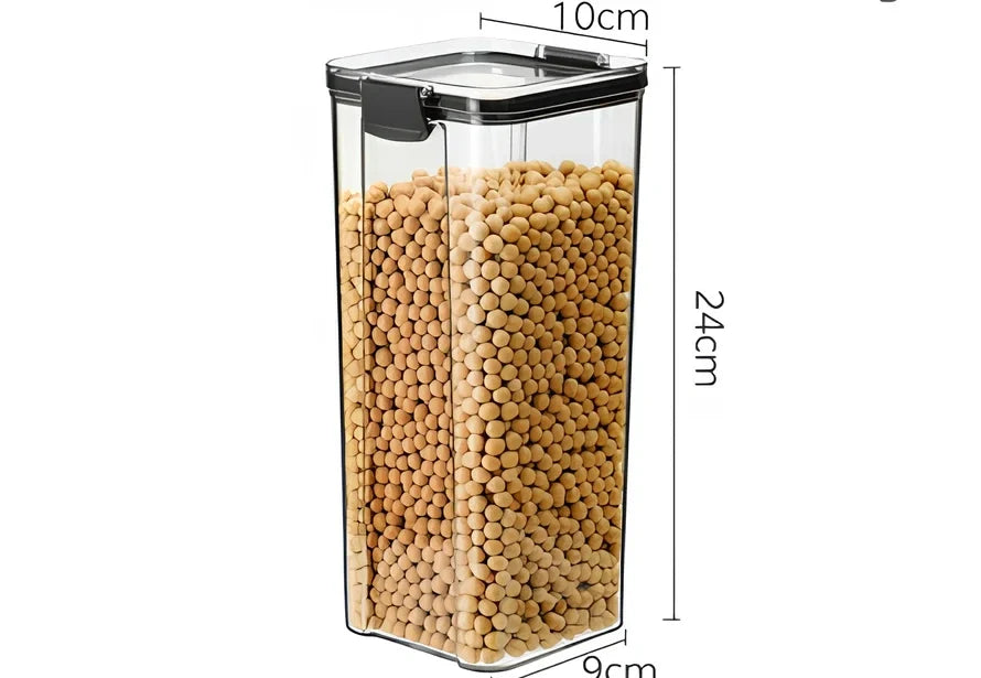 Square clear kitchen storage jar box for pantry organisation with cereals visible inside