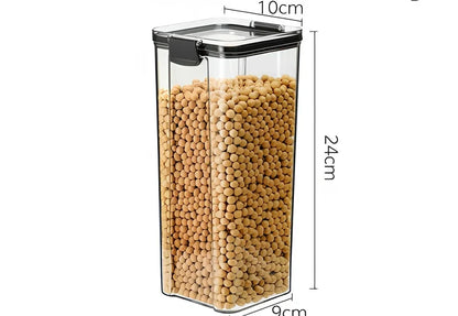 Square clear kitchen storage jar box for pantry organisation with cereals visible inside
