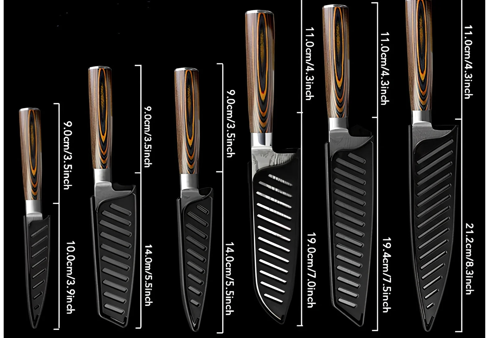 Six stainless steel kitchen knives with laser Damascus patterns on blades and wooden handles arranged with protective covers