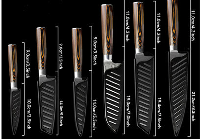 Six stainless steel kitchen knives with laser Damascus patterns on blades and wooden handles arranged with protective covers