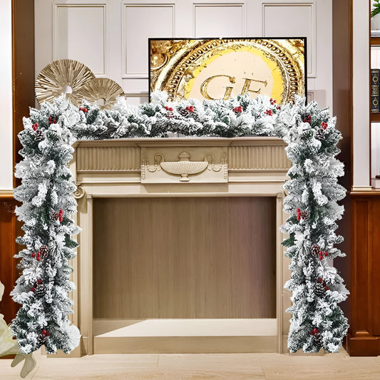 Snow-flocked rattan Christmas garland in rustic style draped on a mantle.