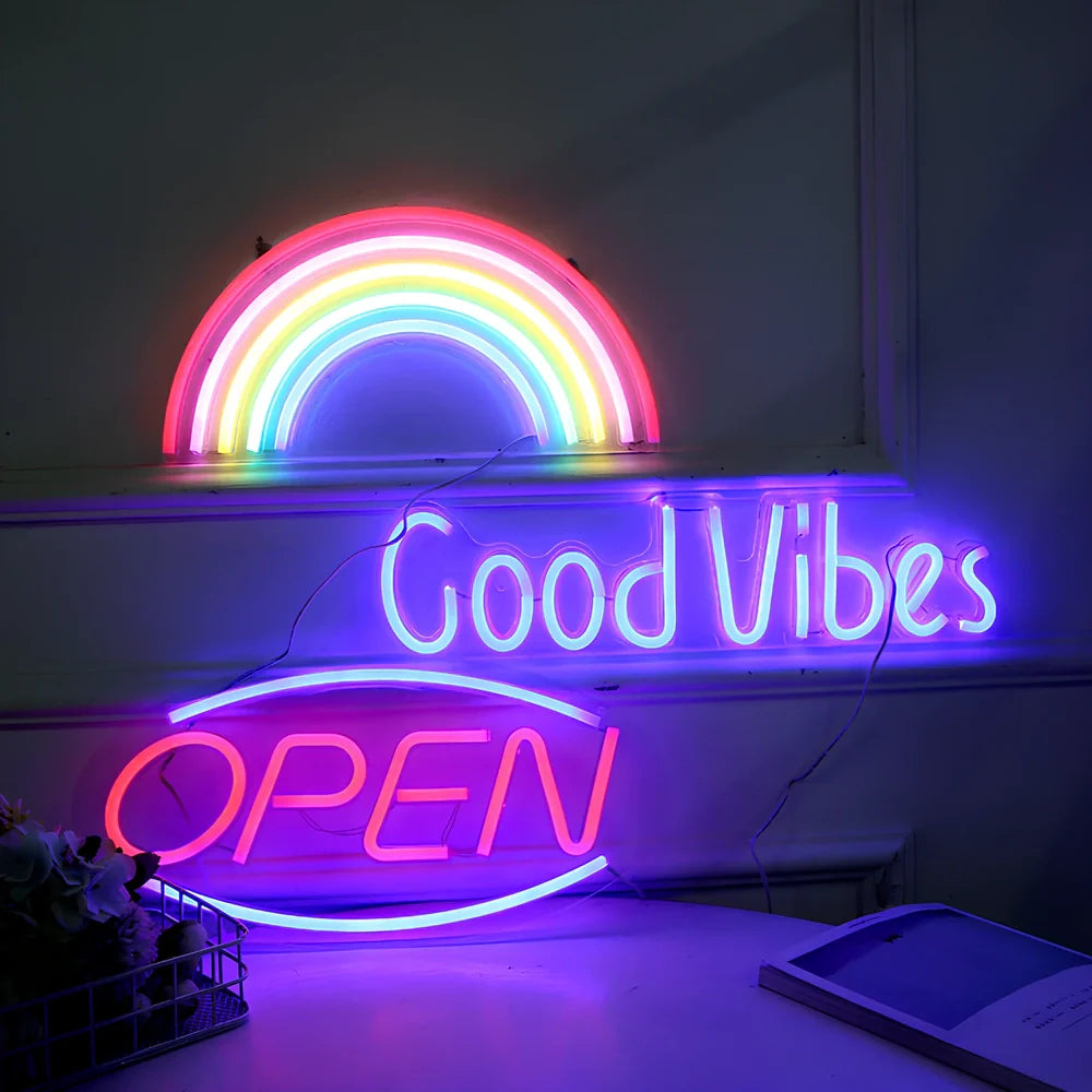 LED neon decorative light with acrylic back panel showing USB power connection and multiple design options