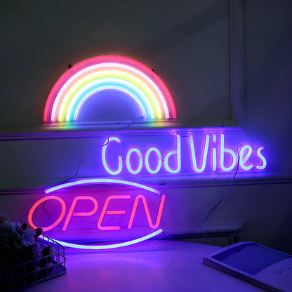 LED neon decorative light with acrylic back panel showing USB power connection and multiple design options