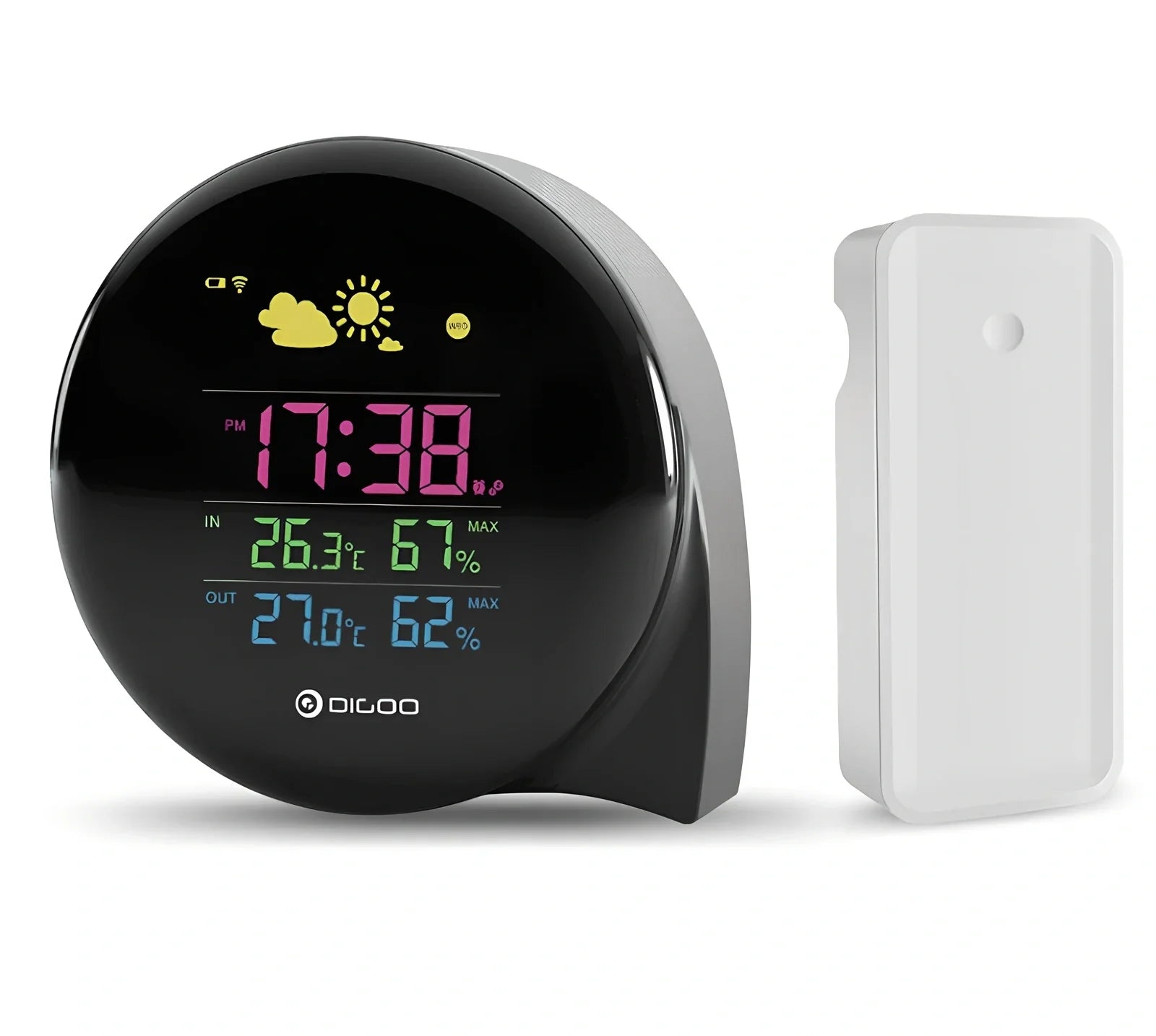 Smart weather forecast clock showing temperature, humidity, and weather conditions with wireless outdoor sensor
