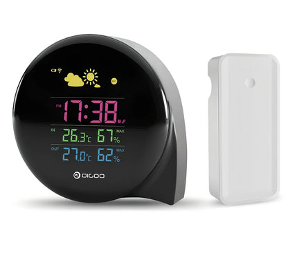 Smart weather forecast clock showing temperature, humidity, and weather conditions with wireless outdoor sensor