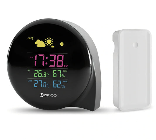 Smart weather forecast clock showing temperature, humidity, and weather conditions with wireless outdoor sensor