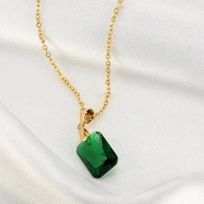 Copper rectangular pendant necklace with geometric quadrilateral design and O-ring chain in green colour