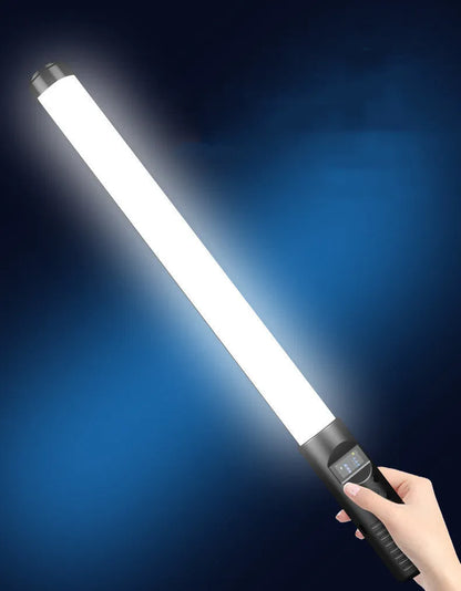 Black RGB LED handheld light stick with 5V USB power, 6mm screw, dimmable brightness, and remote control for photography